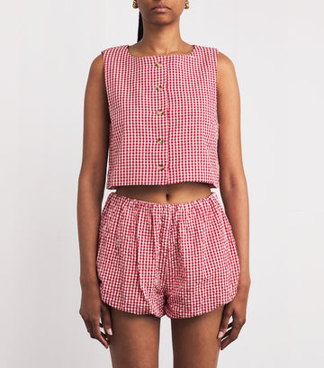 Red and White Gingham Sleeveless Crop Top and Shorts Set