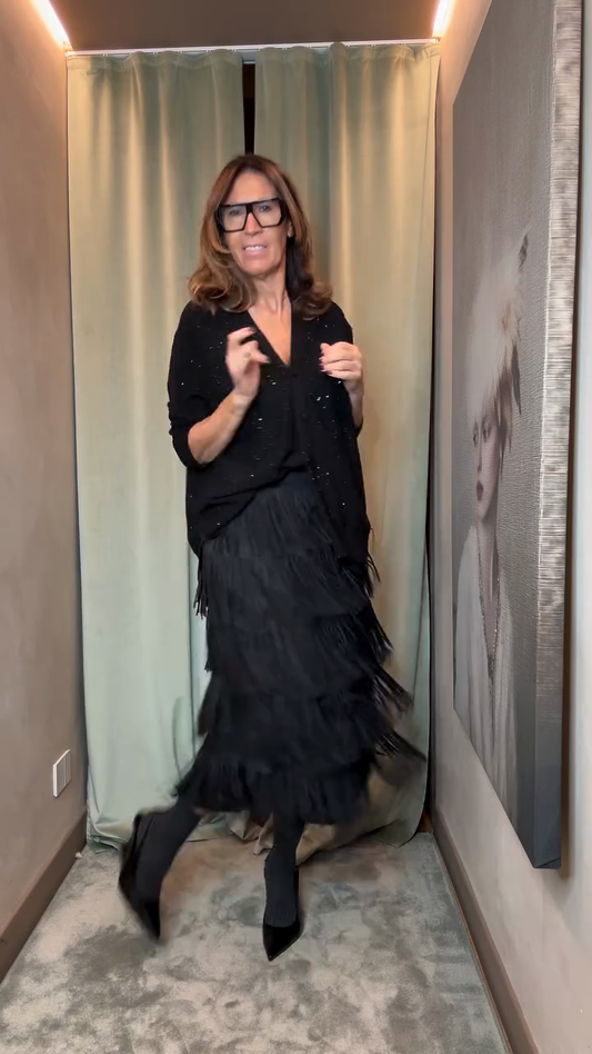 Black sequined top and tassel skirt set