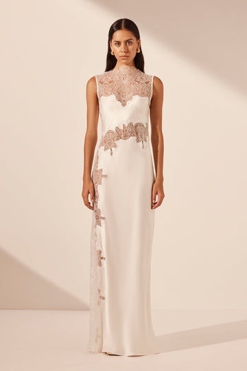 Satin Maxi Dress with Lace Appliqués