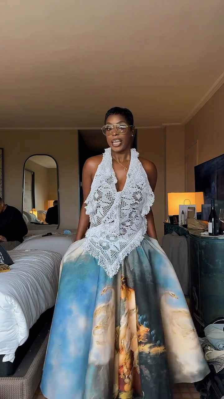 Crochet-knit camisole and printed maxi skirt set