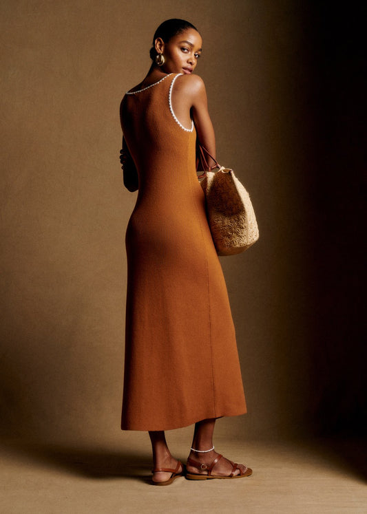 Brown Ribbed Knit Midi Dress with Scalloped Trim