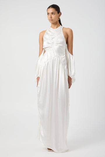 White Satin Open Back Long Sleeve Dress