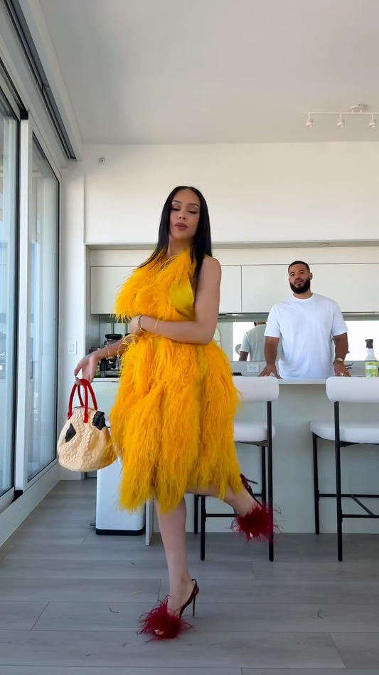 Yellow Feather - Trimmed Sleeveless Midi Dress