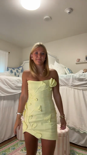 Lemon Yellow Strapless Floral Applique Mini Dress