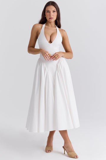 White Halter Neck Plunge Midi Dress