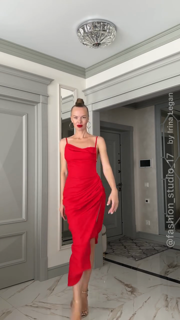 Red Spaghetti - Strap Ruched Midi Dress