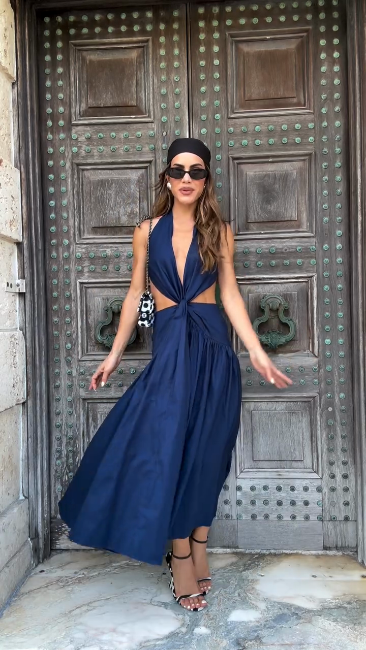 Navy Blue Halter - neck Cut - out Midi Dress
