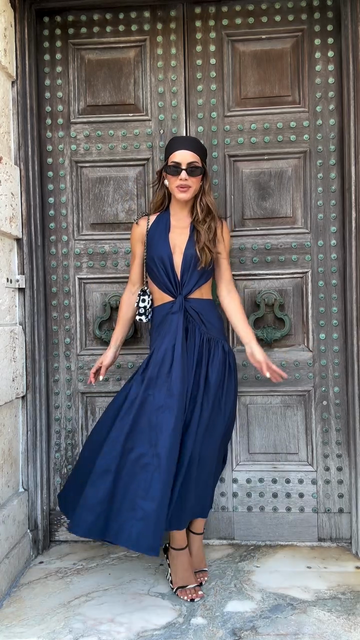 Navy Blue Halter - neck Cut - out Midi Dress