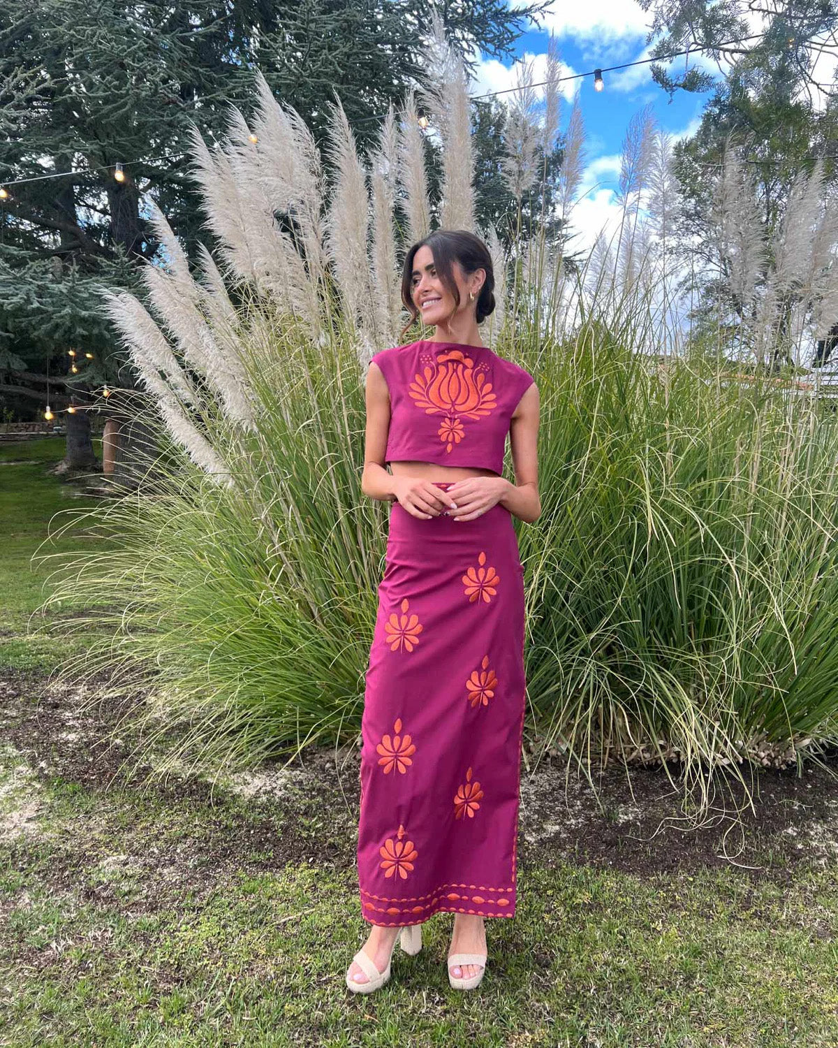 Floral  Embroidered Crop Top & Maxi Skirt Set