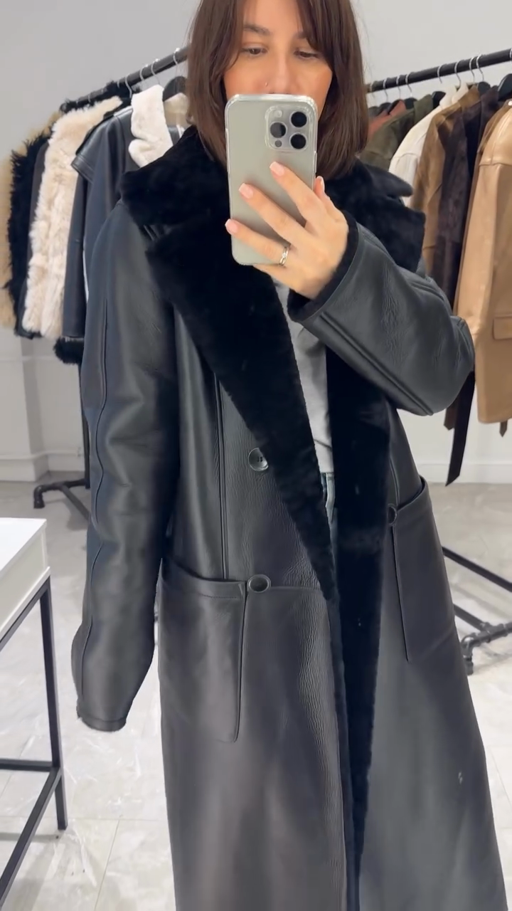 Black Shearling - Collar Leather Trench Coat