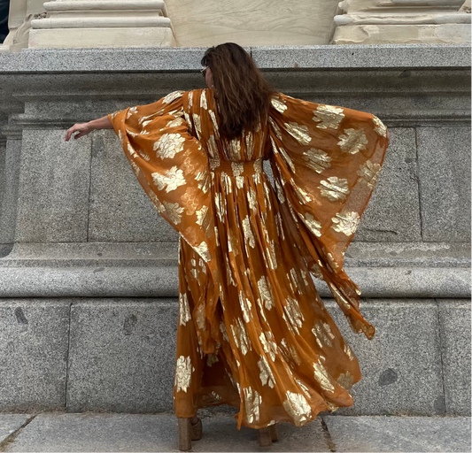 Gold - Printed Sheer Kimono Sleeve Long Dress
