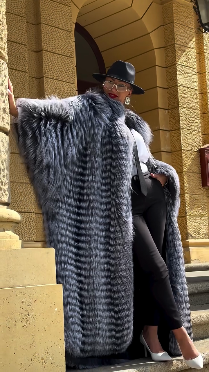 Long Grey Faux Fur Coat