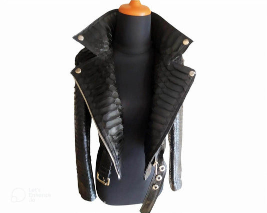 Black Python Snakeskin Leather Jacket for Women - LFM Fashion