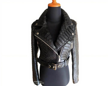 Black Python Snakeskin Leather Jacket for Women - LFM Fashion