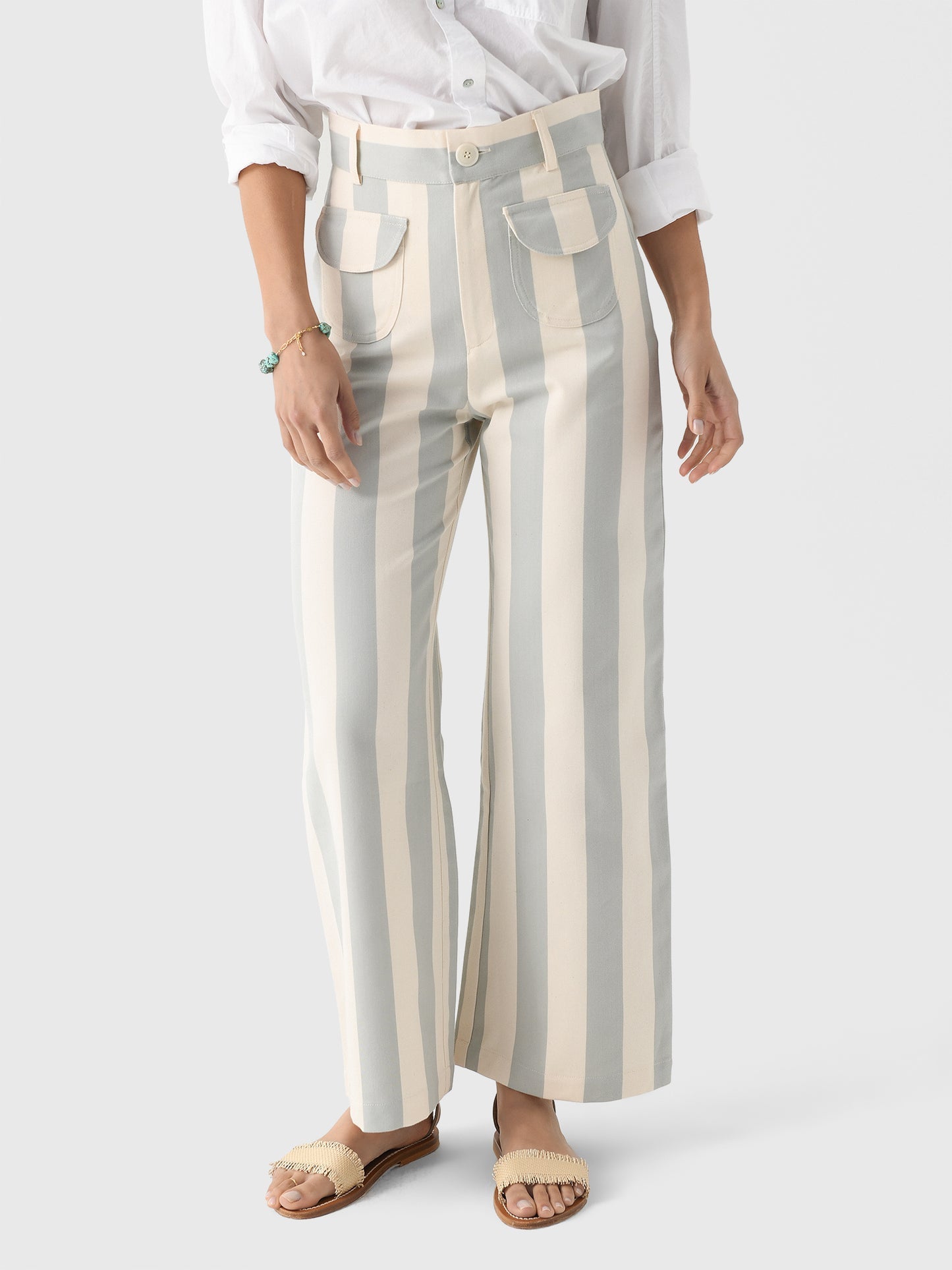 Light Grey and Beige Striped Wide - leg Pants