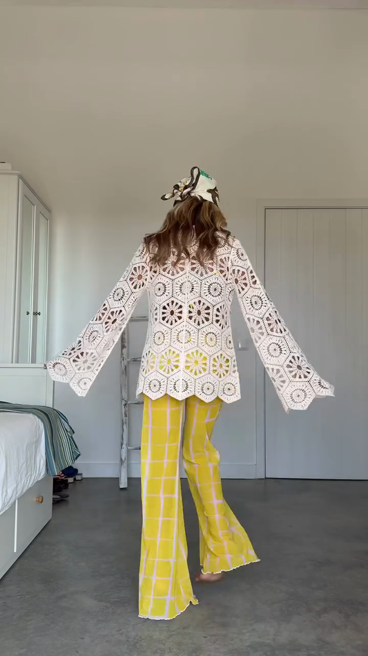 White Crochet Top with Yellow Plaid Pants Outfit