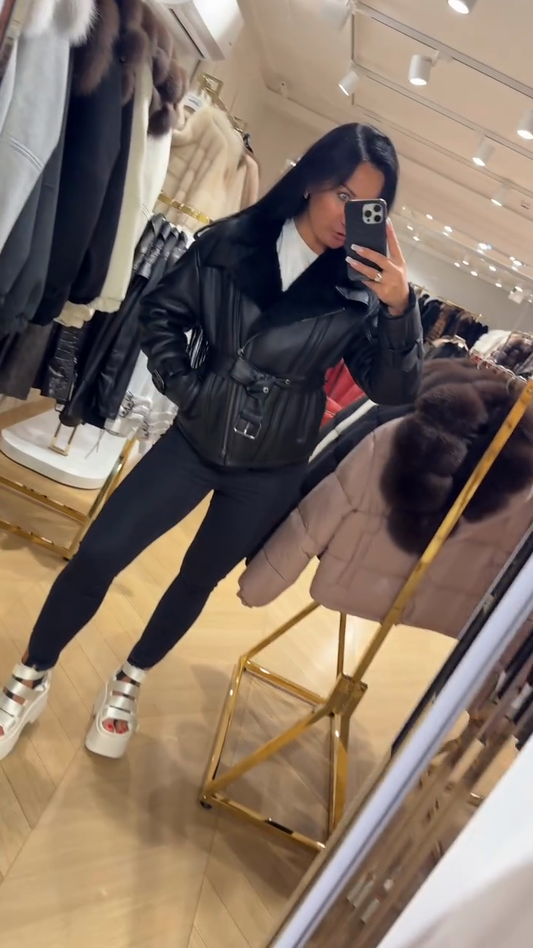 Black Shearling - Collar Belted Leather Jacket