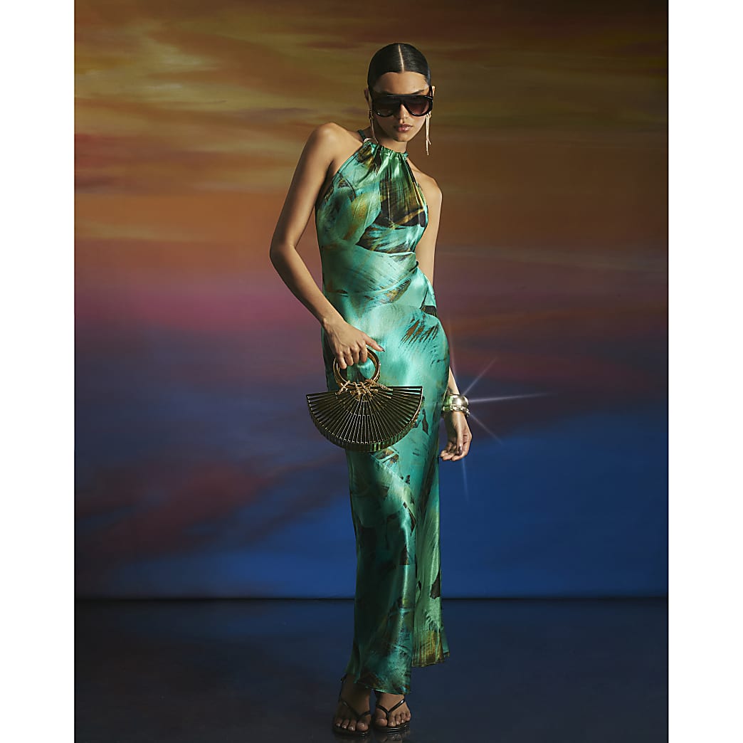 Satin Halter Neck Maxi Dress with Abstract Print