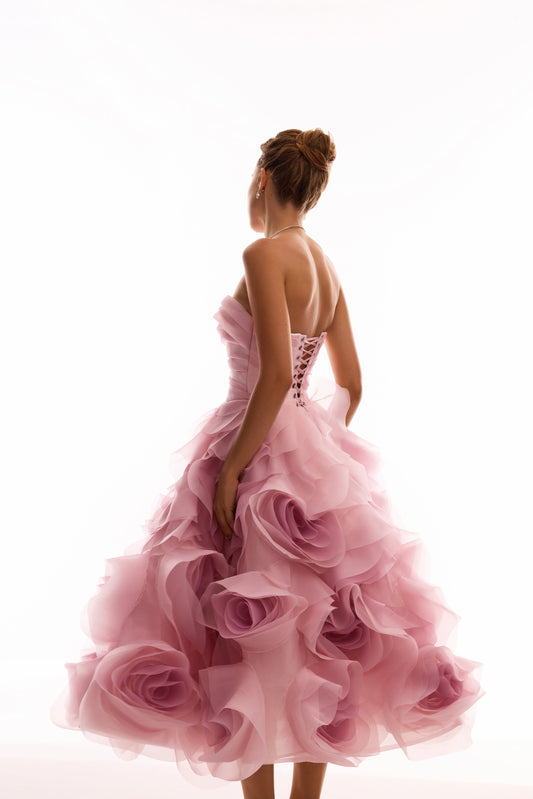 Blush Pink Strapless Ruffled Organza Midi Dress