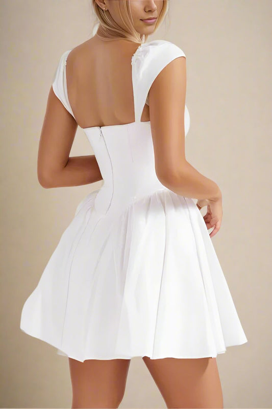 White Square - neck Mini Dress with Button - front Detail