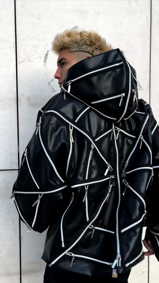 Multi - Zip Black Hooded Leather Jacket