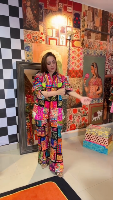 Colorful patchwork jacket and wide-leg pants set