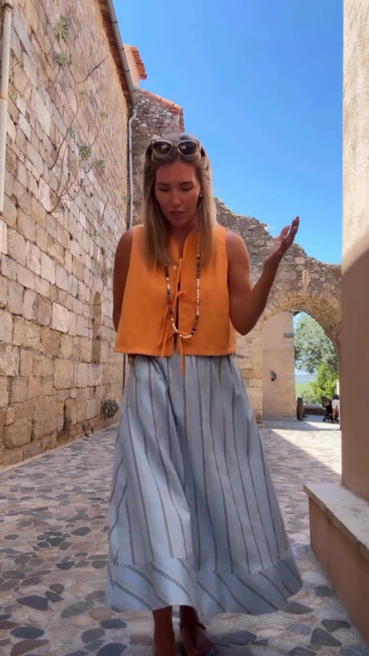 Orange Sleeveless Cropped Top and Striped Midi Skirt Set