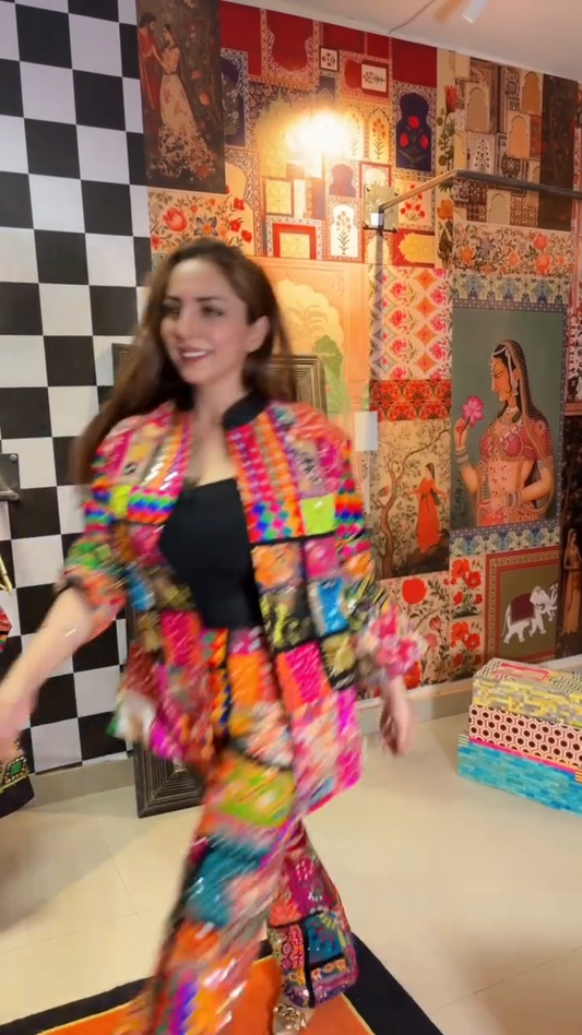 Colorful patchwork jacket and wide-leg pants set