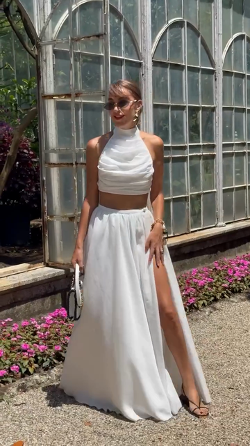 White Halter Crop Top and Slit Maxi Skirt Set