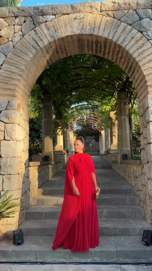 Red Cape - Sleeve Maxi Evening Dress