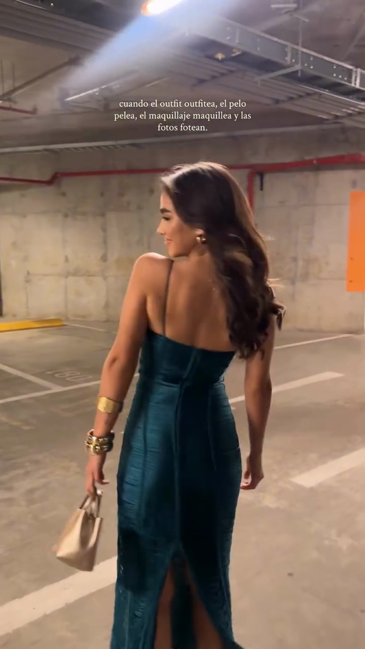 Teal Satin Spaghetti - Strap Maxi Dress