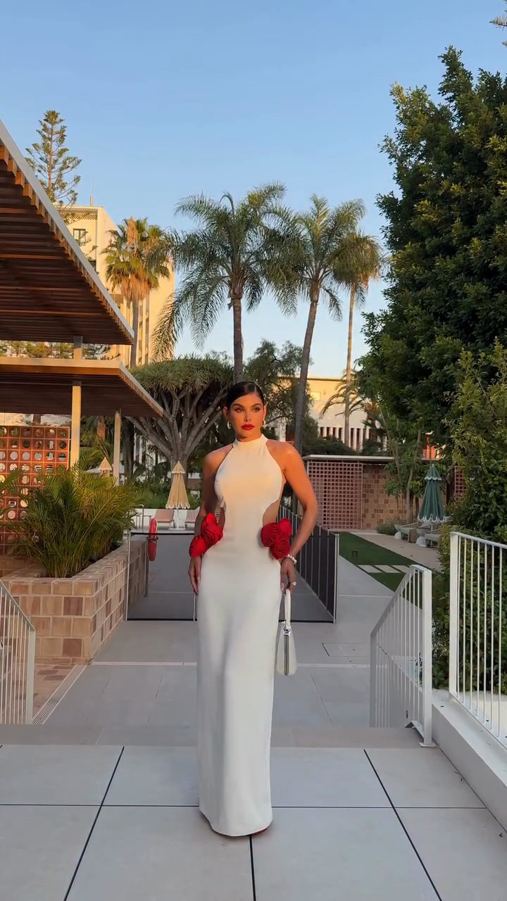 White Halter - Neck Cut - out Maxi Dress with Red Rose Embellishments