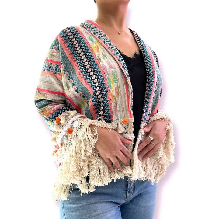 Colorful Striped Embroidered Fringe Jacket