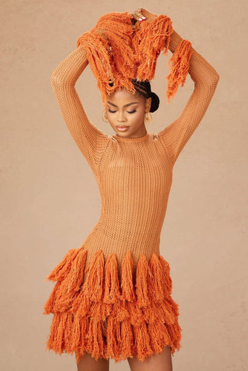 Rust - Colored Knit Fringe Dress
