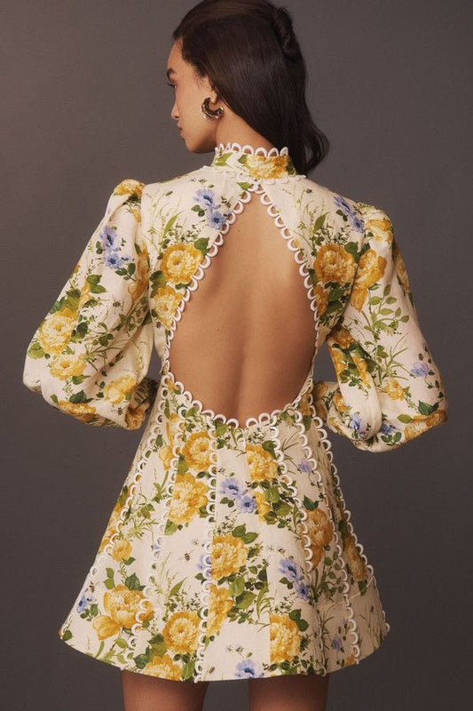 Floral Print Puff - Sleeve Mini Dress