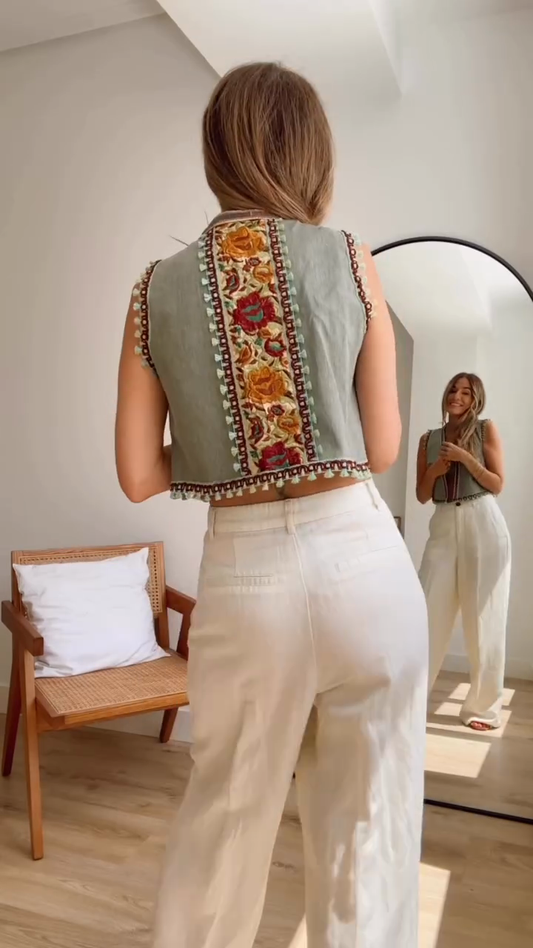 Light Green Embroidered Sleeveless Denim Vest