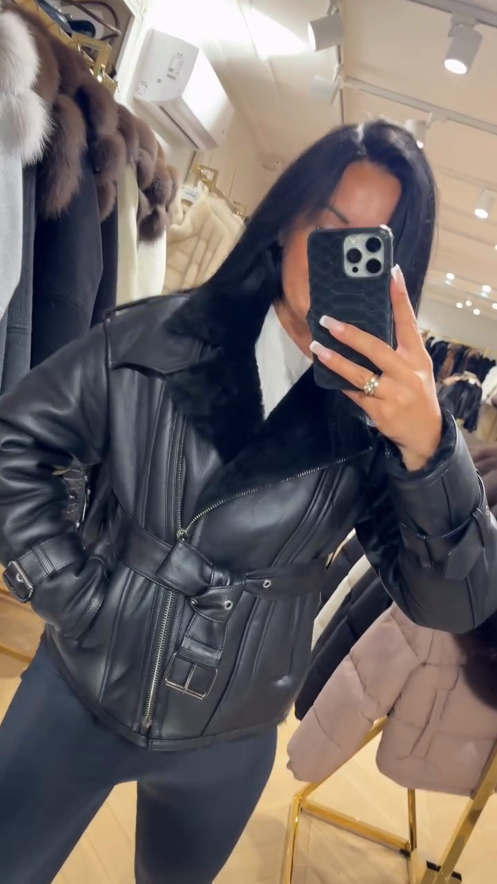 Black Shearling - Collar Belted Leather Jacket