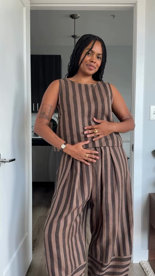 Brown and Black Striped Sleeveless Top and Wide - leg Pants Set