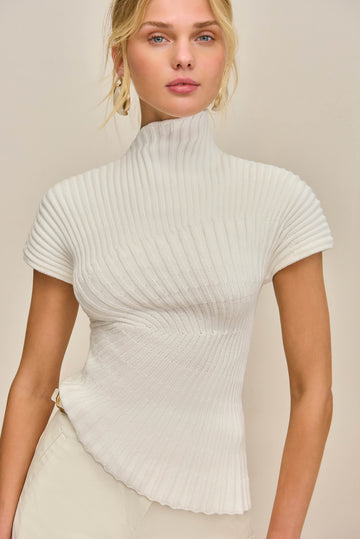 Asymmetric Hem Ribbed Turtleneck Top