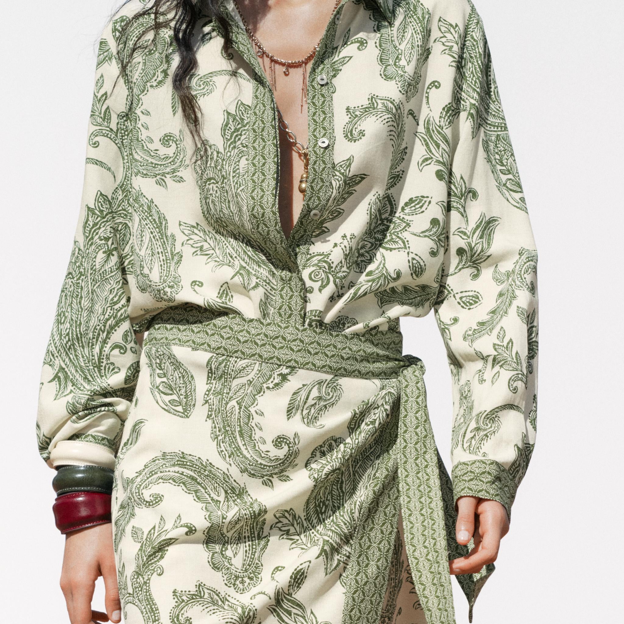 Green Paisley Print Shirt Dress with Belt