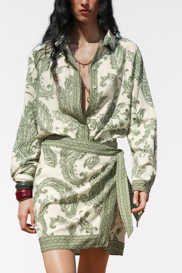 Green Paisley Print Shirt Dress with Belt