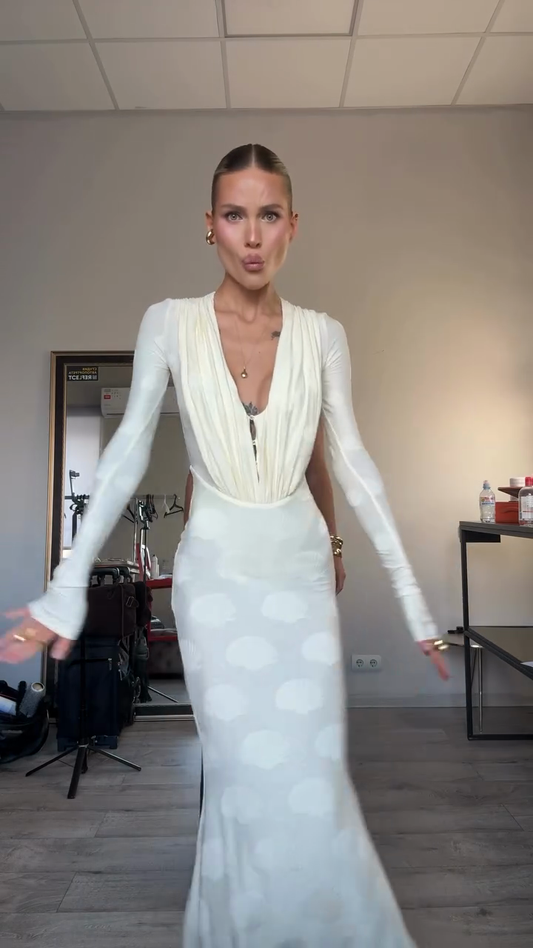 White Plunge - Neck Long - Sleeve Maxi Dress