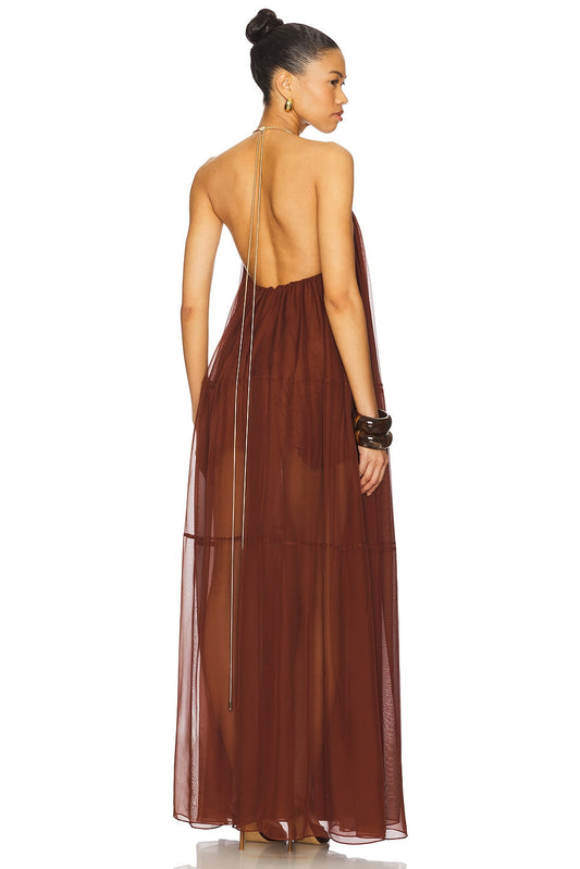 Burgundy Halter V - neck Chiffon Maxi Dress