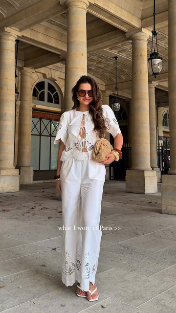 White Lace - Embroidered Top and Wide - Leg Pants Set