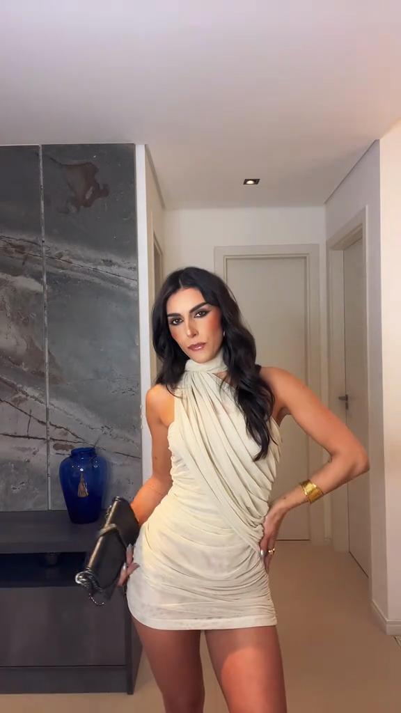 Beige Draped Halter Mini Dress