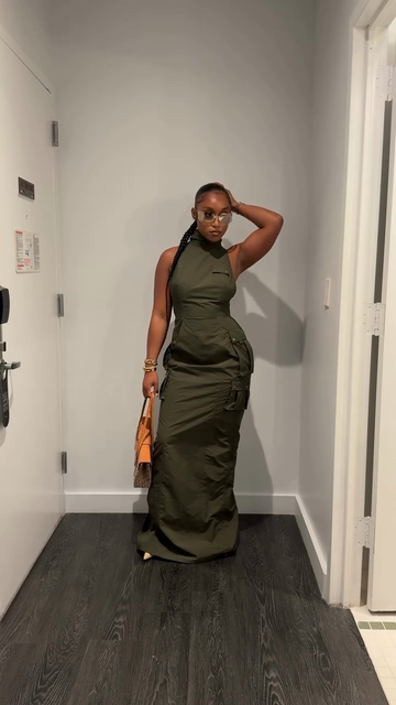 Olive Green Sleeveless High - Neck Maxi Dress