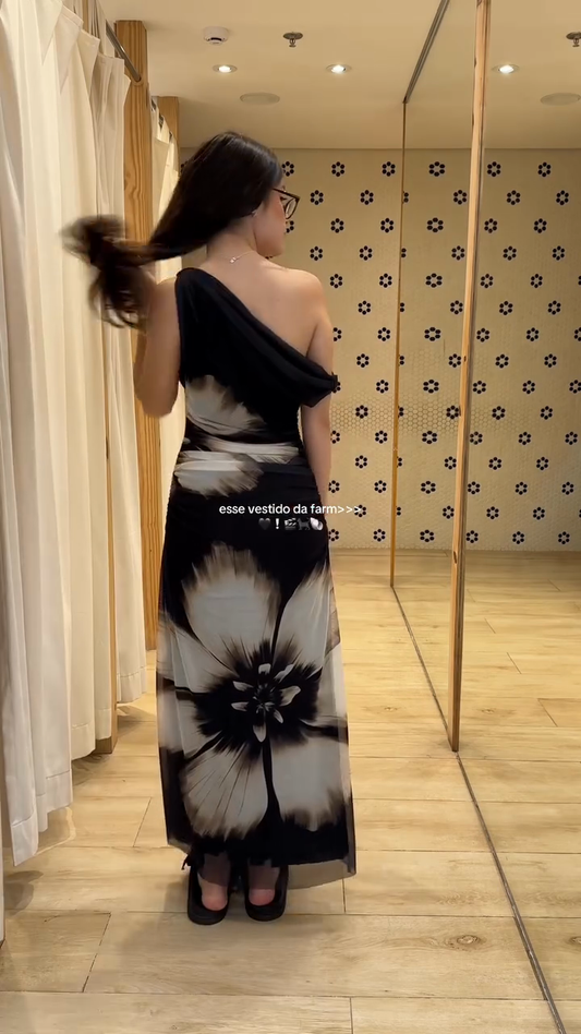Black and White Floral One - shoulder Maxi Dress