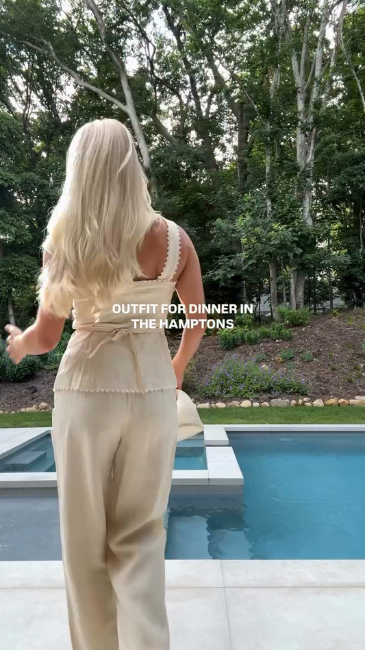 Beige Sleeveless Cropped Top and Wide - leg Pants Set