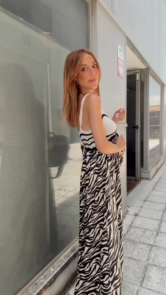 Zebra - Print Crochet - Trim Maxi Dress