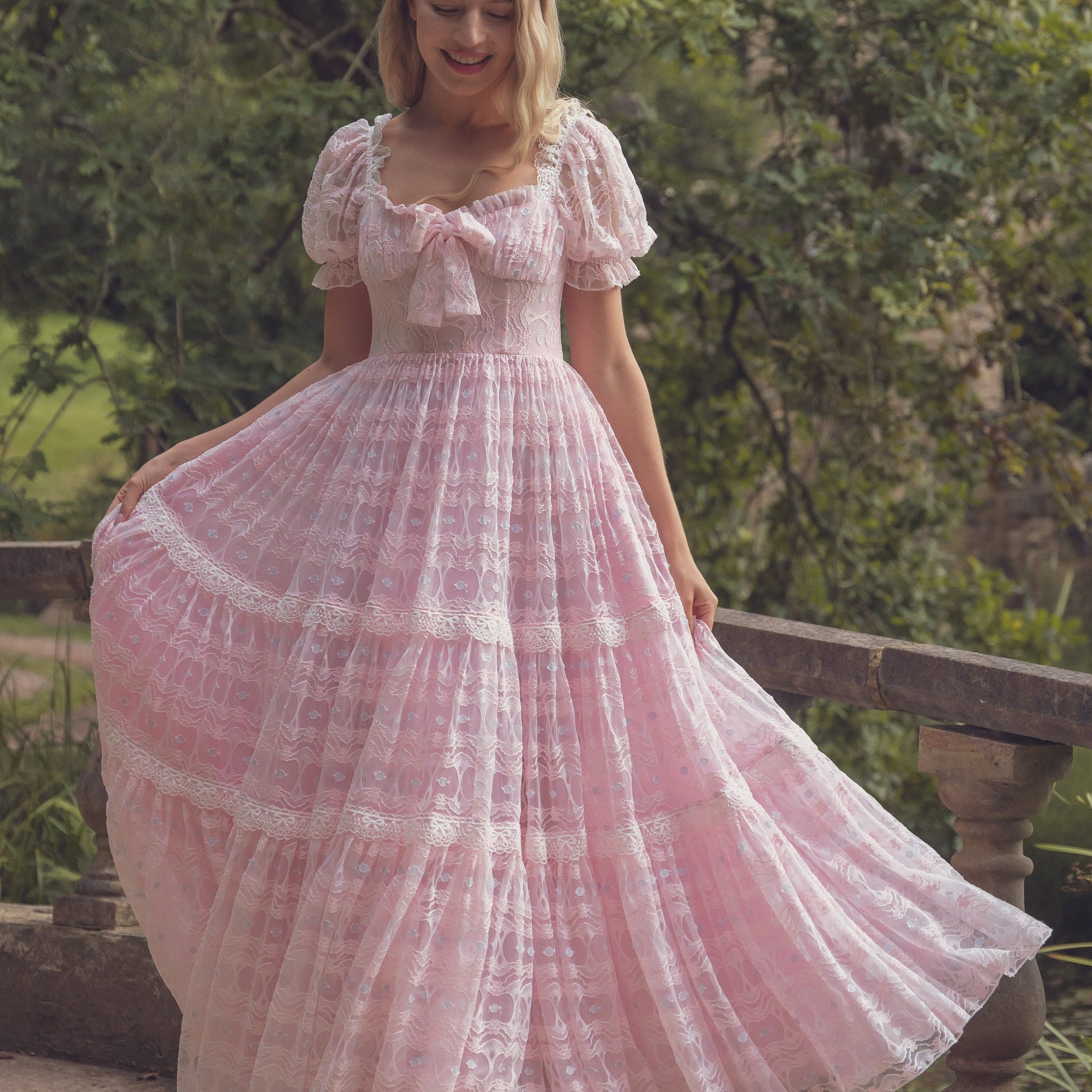 Pink Puff Sleeve Lace Layered Maxi Dress